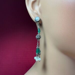 Sterling Silver Tribal Design Dangle Earrings W/ Green Gemstones & white beads